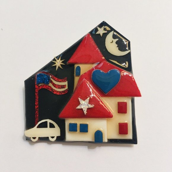 Lucinda House Pins ’ BROOCH’,  4th of July, Red White Blue Flag Star Heart Moon - Picture 2 of 6